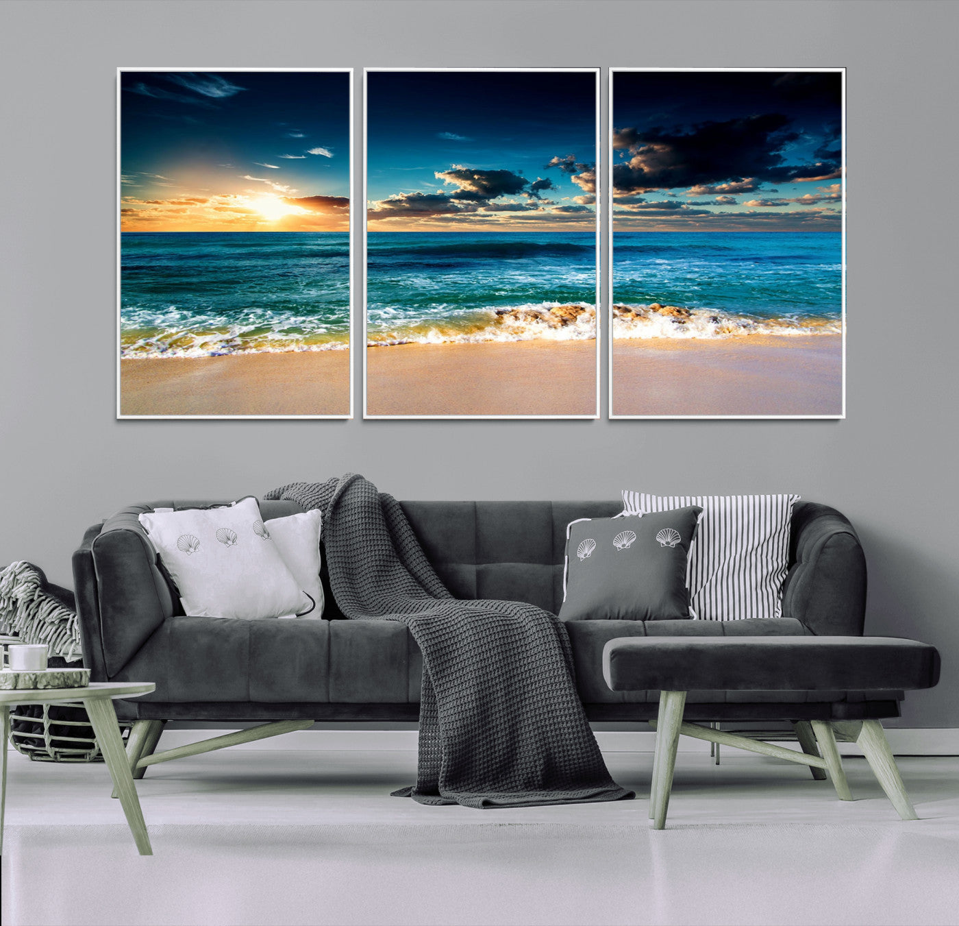 88985-MGV-FC-60X30-3P_White-Ocean Sunset Wall Art – Tranquil Beach Waves Canvas Print, Coastal Seascape Decor for Living Room or Office