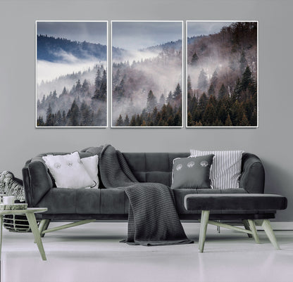 18459-MGV-FC-60X30-3P_White-Misty Pine Forest Wall Art – Serene Mountain Landscape Canvas Print, Tranquil Nature Artwork for Living Room, Bedroom, Cabin or