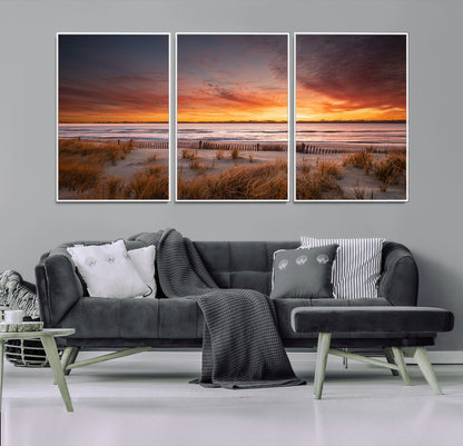 90176-MGV-FC-60X30-3P_White-Beach Sunset Wall Art – Coastal Sand Dune Canvas Print with Ocean Waves and Dramatic Sky, Seaside Landscape Decor for Living Room