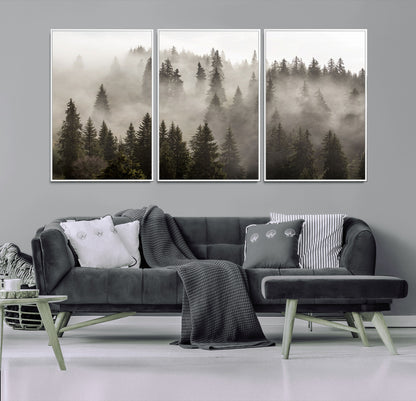 62862-MGV-FC-60X30-3P_White-Misty Forest Wall Art – Tranquil Pine Tree Canvas Print with Mountain Fog, Nature Landscape Artwork for Living Room, Bedroom, or