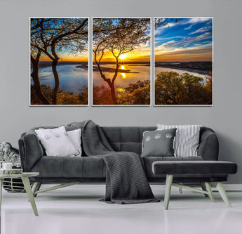 66839-MGV-FC-60X30-3P_White-Lake Sunset Wall Art – Golden Hour Canvas Print with Trees and Water Reflection, Scenic Landscape Photography for Living Room,