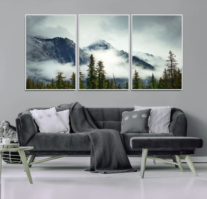 93219-MGV-CV-36X24-Misty Mountain Wall Art – Foggy Pines and Rocky Peaks Canvas Print, Nature Landscape Decor for Living Room, Office or Bedroom