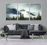 93219-MGV-FC-60X30-3P_White-Misty Mountain Wall Art – Foggy Pines and Rocky Peaks Canvas Print, Nature Landscape Decor for Living Room, Office or Bedroom