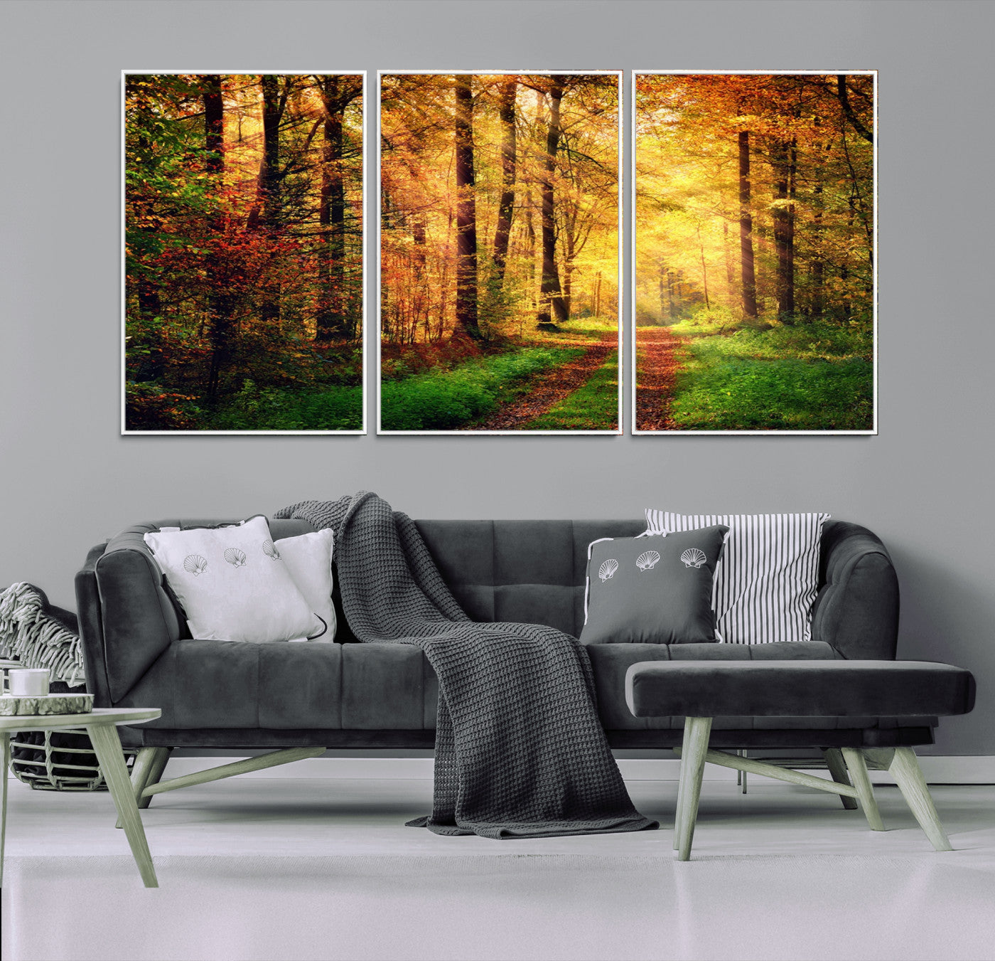 73494-MGV-CV-36X24-Golden Autumn Forest Path Wall Art – Sunlit Woodland Canvas Print, Fall Nature Landscape Home Decor
