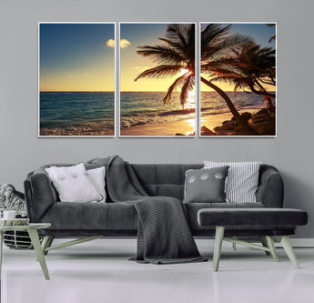 82710-MGV-FC-60X30-3P_White-Palm Tree Sunset Beach Wall Art – Tropical Ocean Canvas Print, Coastal Paradise Seascape Decor for Living Room or Office Wall