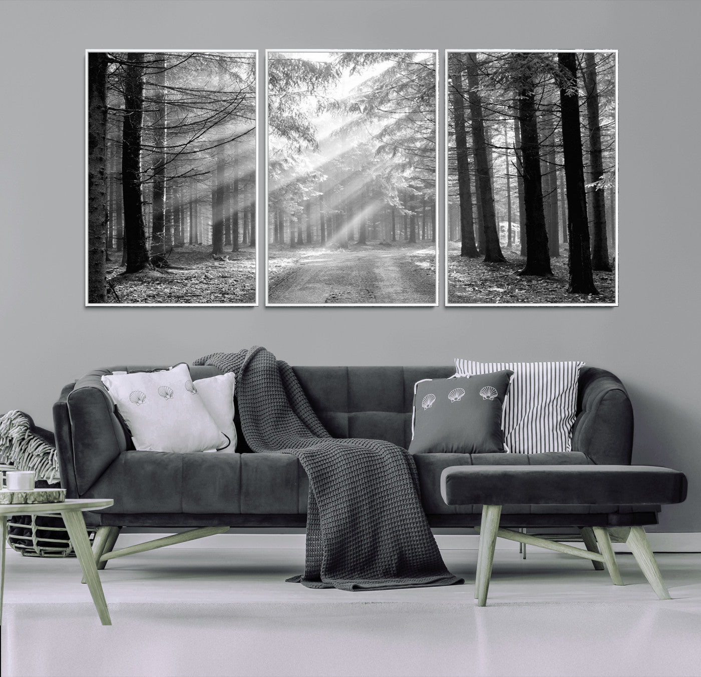 39665-MGV-FC-60X30-3P_White-Black and White Forest Path Wall Art – Sunlight Rays in Trees Canvas Print, Nature Landscape Decor for Living Room or Office