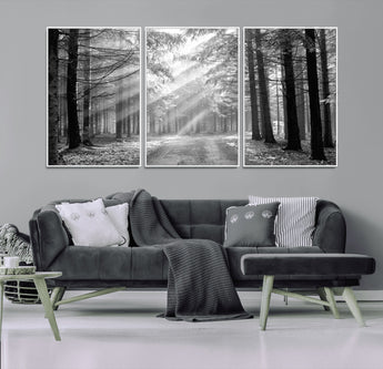39665-MGV-FC-60X30-3P_White-Black and White Forest Path Wall Art – Sunlight Rays in Trees Canvas Print, Nature Landscape Decor for Living Room