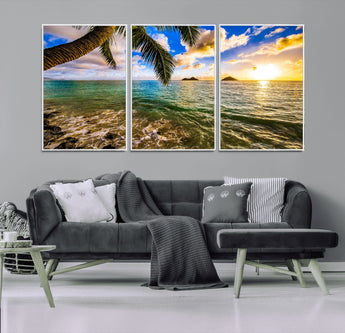 68606-MGV-FC-60X30-3P_White-Tropical Palm Tree Ocean Wall Art – Sunset Beach Seascape Print, Coastal Paradise Decor for Living Room or Office