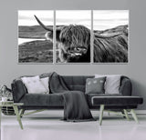 83810-MGV-CV-36X24-Highland Cow Wall Art – Black and White Highland Cattle Print, Rustic Farmhouse Animal Decor for Living Room or Office