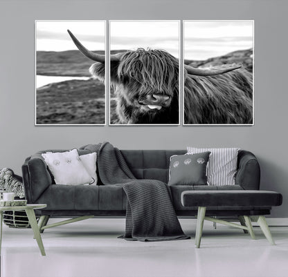 83810-MGV-CV-36X24-Highland Cow Wall Art – Black and White Highland Cattle Print, Rustic Farmhouse Animal Decor for Living Room or Office