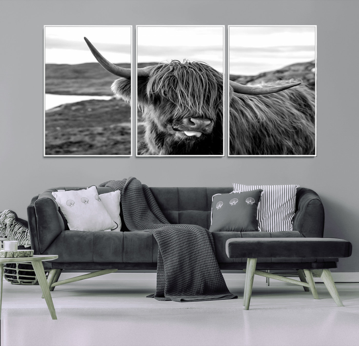 83810-MGV-FC-60X30-3P_White-Highland Cow Wall Art – Black and White Highland Cattle Print, Rustic Farmhouse Animal Decor for Living Room
