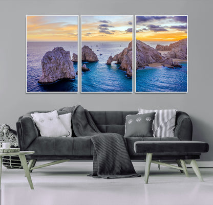 72955-MGV-FC-60X30-3P_White-Ocean Rock Formation Wall Art – Sunset Coastal Seascape Print, Beach Landscape Decor for Living Room or Office