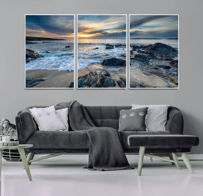 17902-MGV-FC-60X30-3P_White-Rocky Shore Ocean Sunset Wall Art – Coastal Seascape Canvas Print, Nature Beach Decor for Living Room or Office