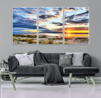39645-MGV-FC-60X30-3P_White-Golden Beach Sunset Wall Art – Serene Ocean Horizon Canvas Print, Coastal Nature Landscape Decor for Living Room, Bedroom or