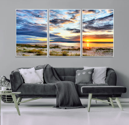 39645-MGV-FC-60X30-3P_White-Golden Beach Sunset Wall Art – Serene Ocean Horizon Canvas Print, Coastal Nature Landscape Decor for Living Room, Bedroom or