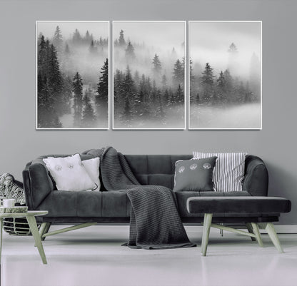 57235-MGV-CV-36X24-Misty Pine Forest Wall Art – Black and White Mountain Landscape Canvas Print, Nature Woodland Decor for Living Room, Bedroom or