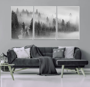 57235-MGV-FC-60X30-3P_White-Misty Pine Forest Wall Art – Black and White Mountain Landscape Canvas Print, Nature Woodland Decor for Living Room, Bedroom or
