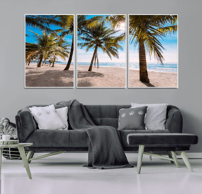98175-MGV-FC-60X30-3P_White-Tropical Palm Beach Wall Art – Relaxing Ocean Shore Canvas Print with Palm Trees, Coastal Summer Decor for Living Room, Bedroom or