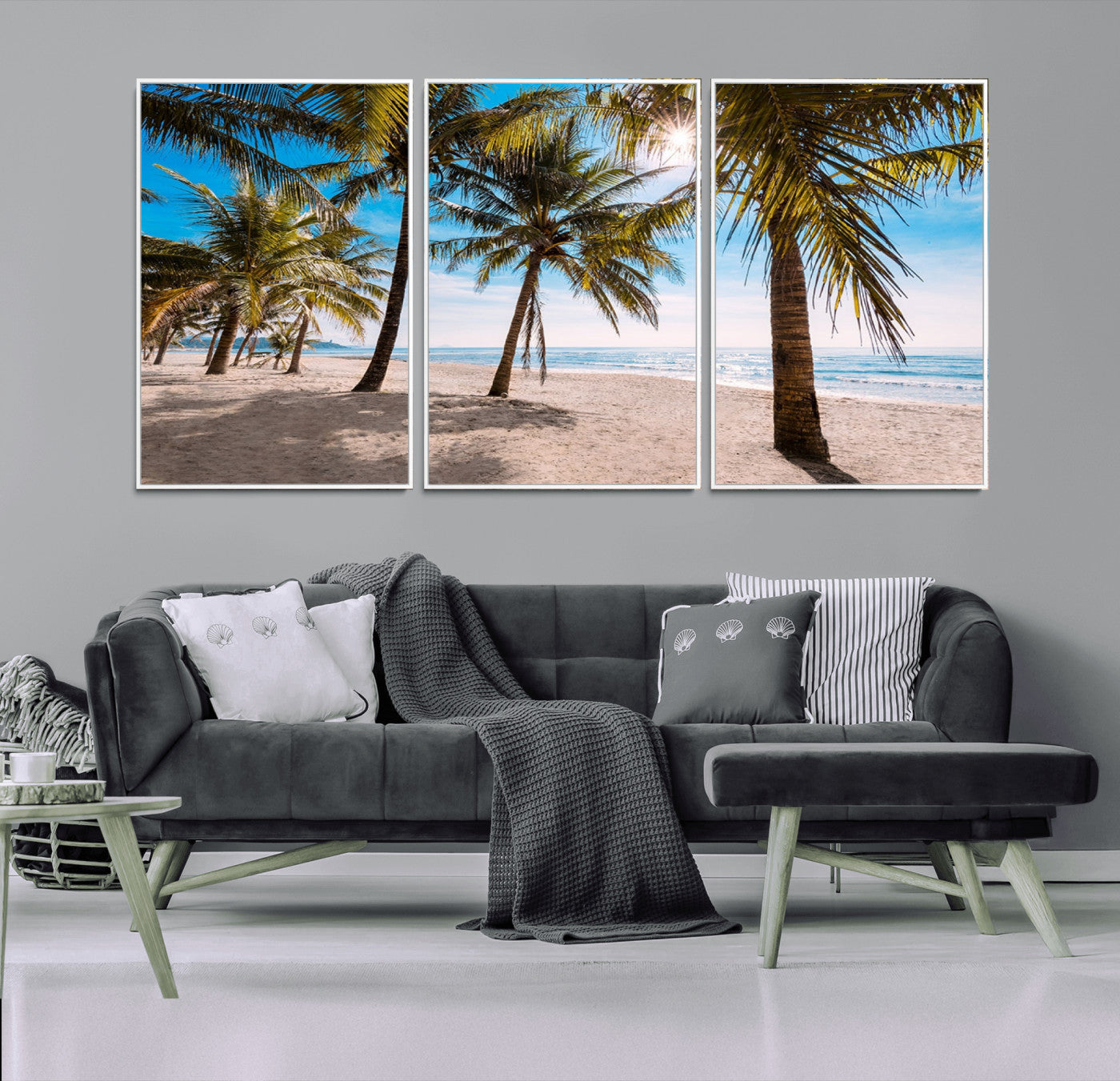 98175-MGV-FC-60X30-3P_White-Tropical Palm Beach Wall Art – Relaxing Ocean Shore Canvas Print with Palm Trees, Coastal Summer Decor for Living Room, Bedroom or