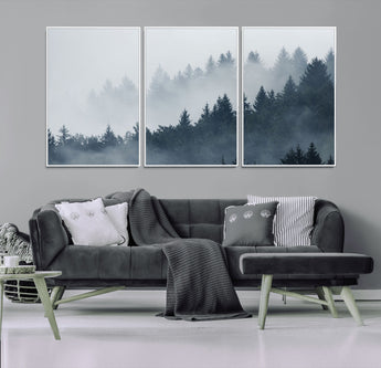 23671-MGV-FC-60X30-3P_White-Misty Forest Wall Art – Serene Foggy Pine Trees Landscape Canvas Print, Tranquil Nature Decor for Living Room, Bedroom or Office