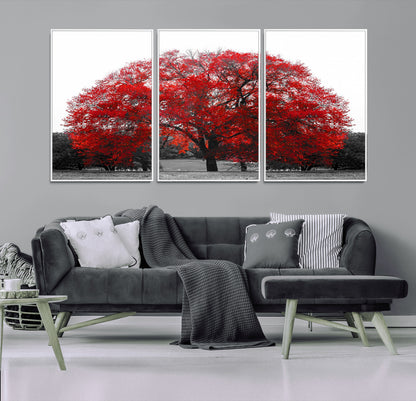 80021-MGV-CV-36X24-Red Tree Wall Art – Striking Black and White Landscape Canvas Print with Vibrant Red Leaves, Modern Nature Decor for Living Room