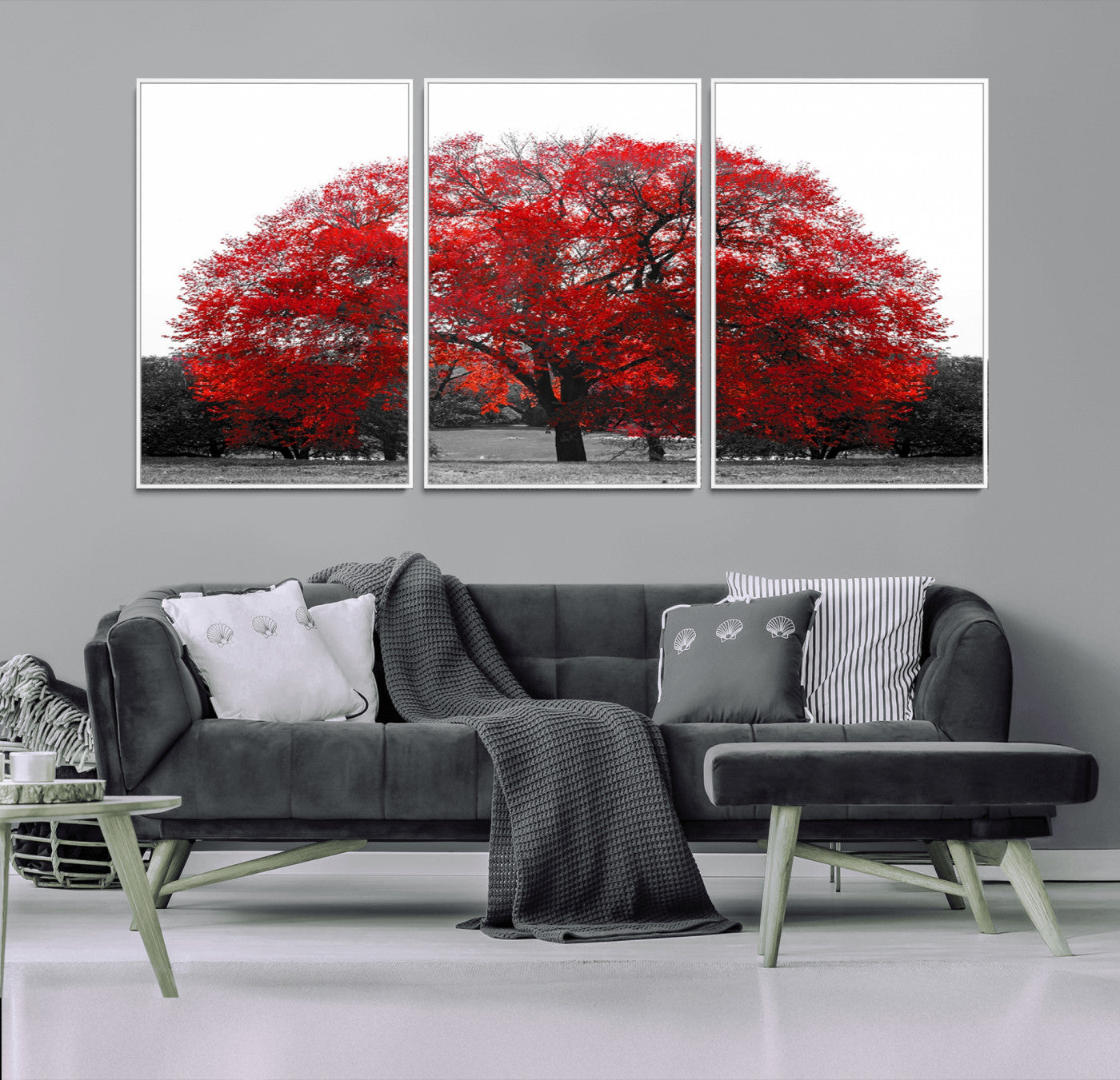 80021-MGV-FC-60X30-3P_White-Red Tree Wall Art – Striking Black and White Landscape Canvas Print with Vibrant Red Leaves, Modern Nature Decor for Living Room