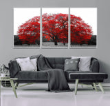 80021-MGV-FC-60X30-3P_White-Red Tree Wall Art – Striking Black and White Landscape Canvas Print with Vibrant Red Leaves, Modern Nature Decor for Living Room