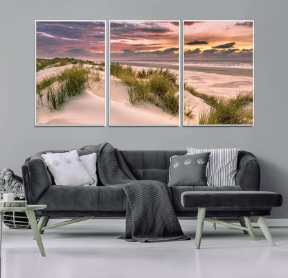 60570-MGV-FC-60X30-3P_White-Beach Sunset Wall Art – Coastal Sand Dunes and Ocean Horizon Canvas Print, Tranquil Seascape Photography Decor for Living Room or