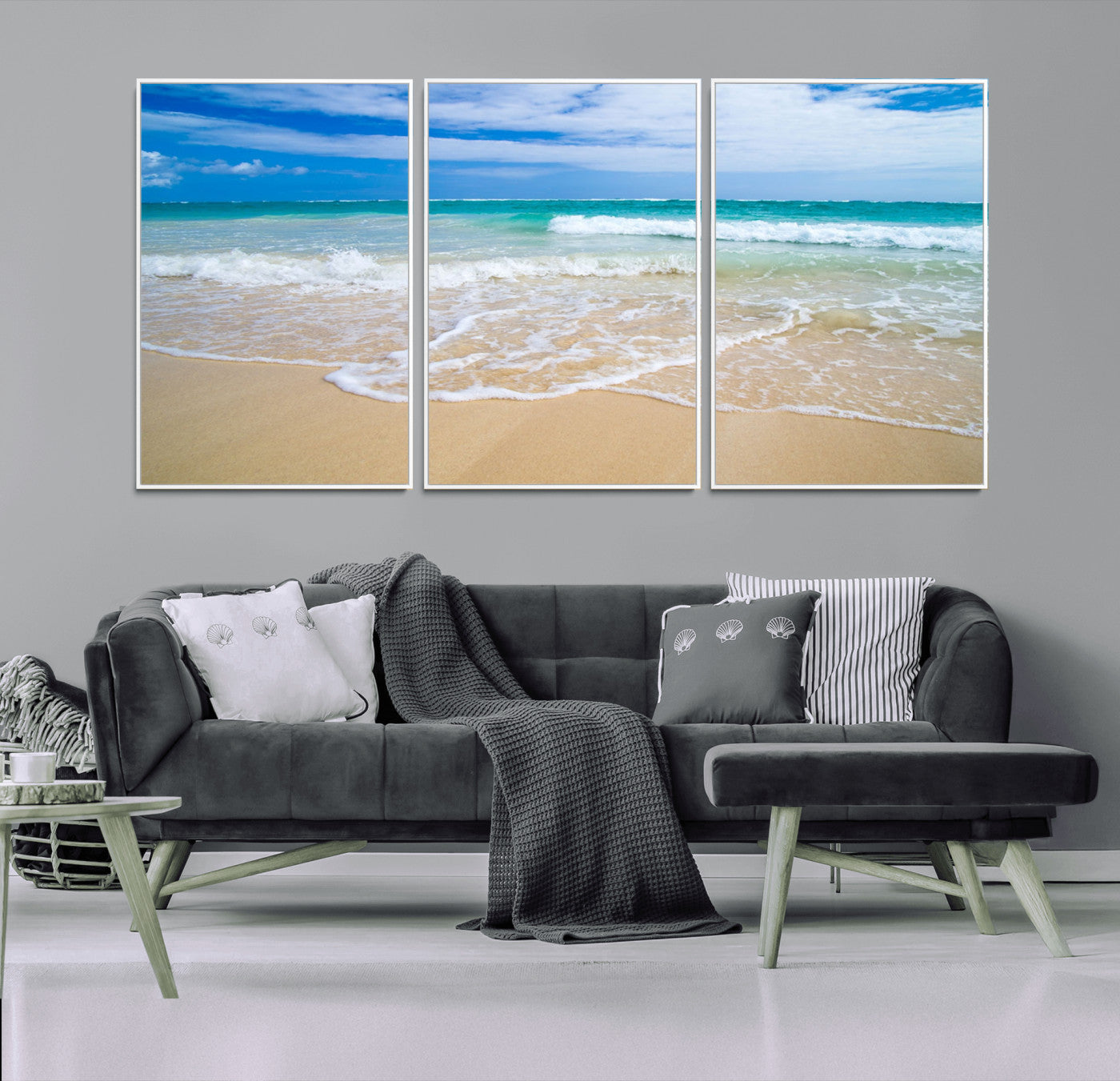 20660-MGV-FC-60X30-3P_White-Ocean Wave Beach Wall Art – Serene Blue Sea and Sandy Shore Canvas Print, Coastal Landscape Photography Decor for Living Room or