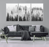 10422-MGV-CV-36X24-Misty Pine Forest Wall Art – Black and White Foggy Landscape Canvas Print, Serene Nature Woodland Decor for Bedroom, Office or
