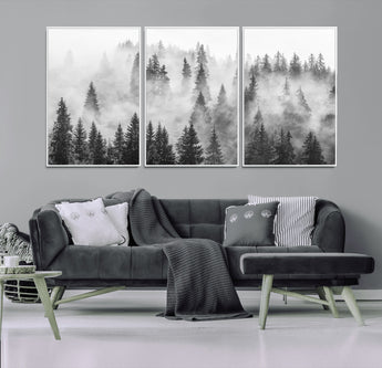 10422-MGV-CV-36X24-Misty Pine Forest Wall Art – Black and White Foggy Landscape Canvas Print, Serene Nature Woodland Decor for Bedroom, Office or