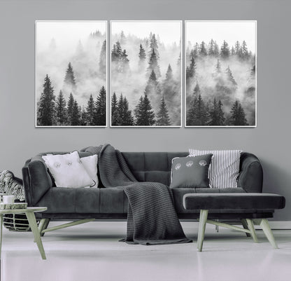 10422-MGV-FC-60X30-3P_White-Misty Pine Forest Wall Art – Black and White Foggy Landscape Canvas Print, Serene Nature Woodland Decor for Bedroom, Office or