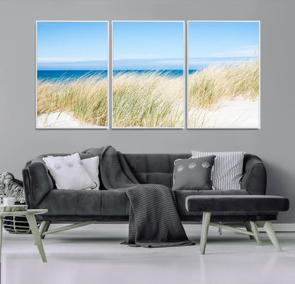 96913-MGV-FC-60X30-3P_White-Coastal Dunes Wall Art – Serene Beach Grass and Blue Ocean Canvas Print, Relaxing Seaside Nature Decor for Living Room, Bedroom or