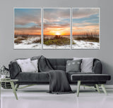 91064-MGV-FC-60X30-3P_White-Beach Sunset Wall Art – Coastal Sand Dunes and Ocean Horizon Canvas Print, Seaside Landscape Wall Decor for Living Room, Bedroom