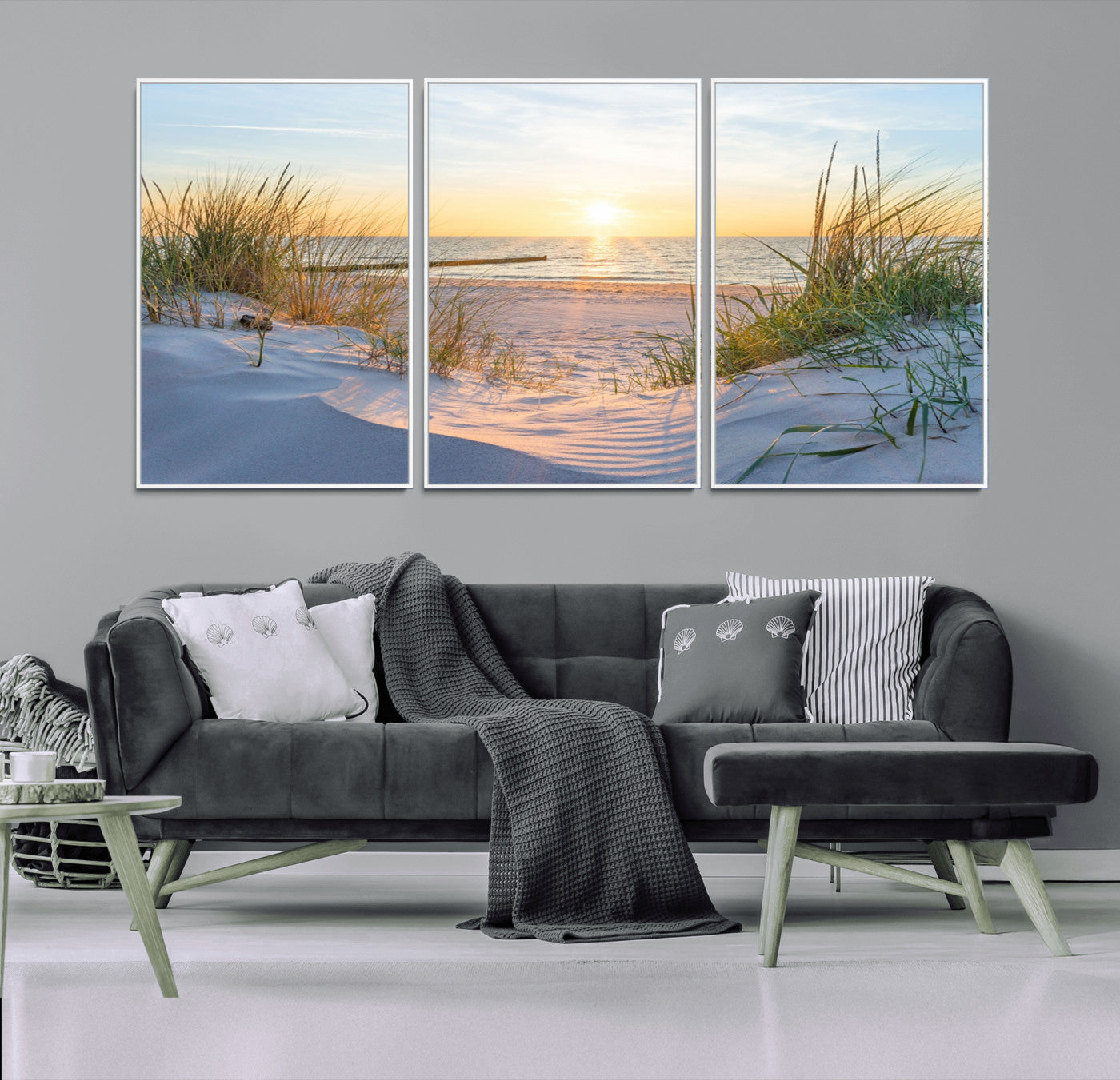 48907-MGV-FC-60X30-3P_White-Beach Sunset Wall Art – Coastal Sand Dunes and Ocean View Canvas Print, Serene Seaside Landscape Painting for Living Room, Bedroom