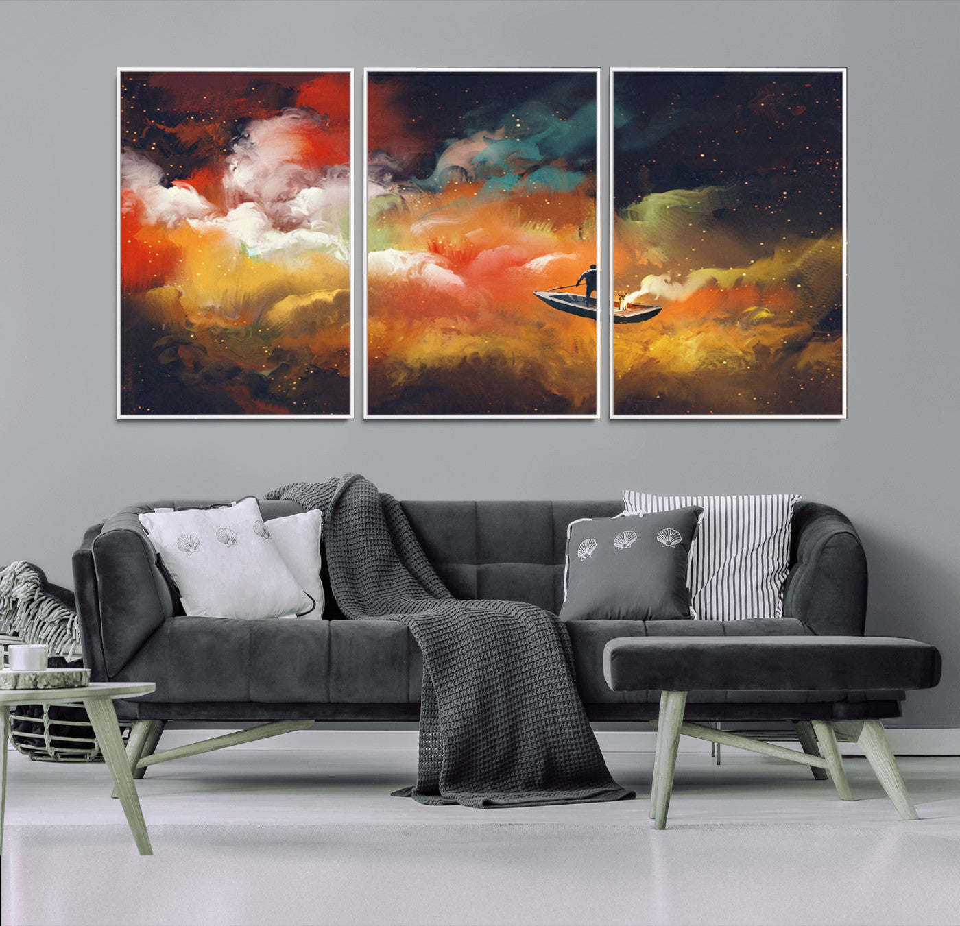 45085-MGV-FC-60X30-3P_White-Surreal Cosmic Wall Art – Abstract Galaxy Dreamscape Canvas Print with Man and Dog in Boat, Fantasy Nebula Painting for Living