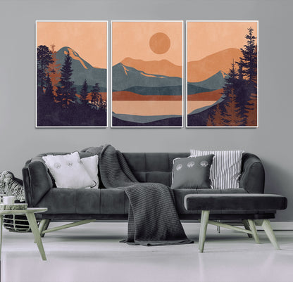 62795-MGV-CV-36X24-Minimalist Mountain Landscape Wall Art – Abstract Sunset Over Peaks and Pine Trees Canvas Print, Modern Nature Decor for Living
