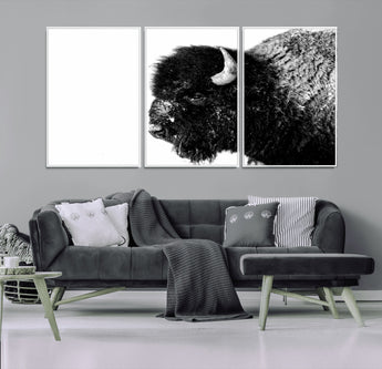 68780-MGV-FC-60X30-3P_White-Bison Close-Up Wall Art – Black and White Buffalo Canvas Print, Rustic Wildlife Photography Decor for Living Room, Office, or