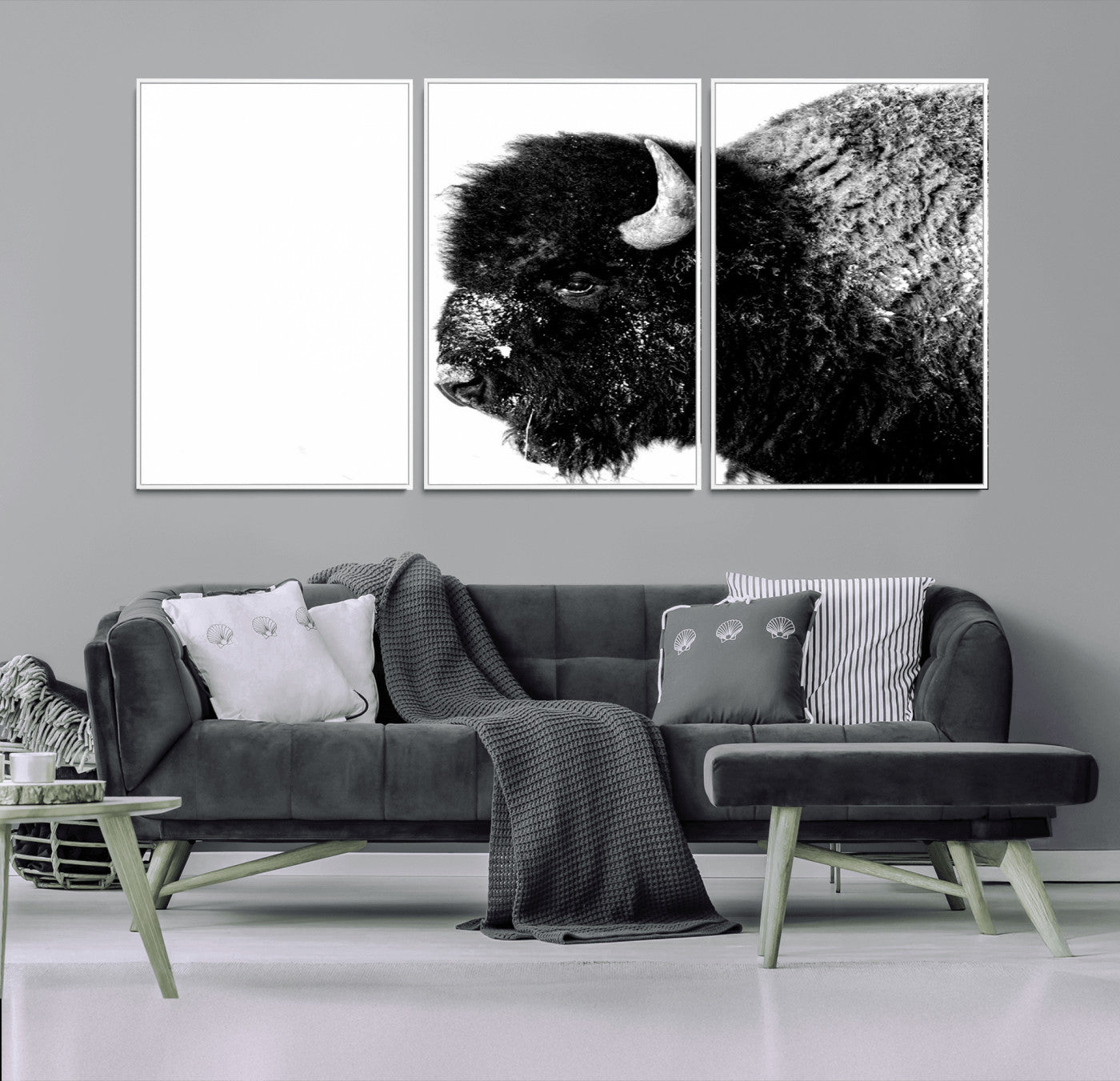 68780-MGV-FC-60X30-3P_White-Bison Close-Up Wall Art – Black and White Buffalo Canvas Print, Rustic Wildlife Photography Decor for Living Room, Office, or