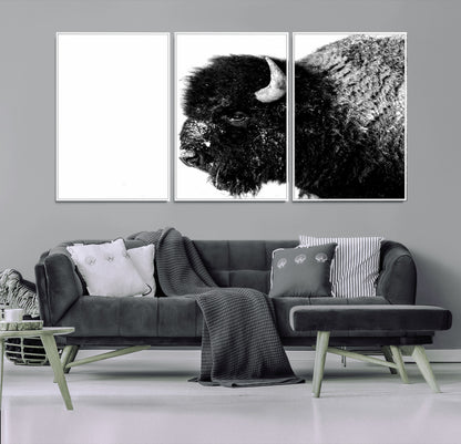 68780-MGV-FC-60X30-3P_White-Bison Close-Up Wall Art – Black and White Buffalo Canvas Print, Rustic Wildlife Photography Decor for Living Room, Office, or