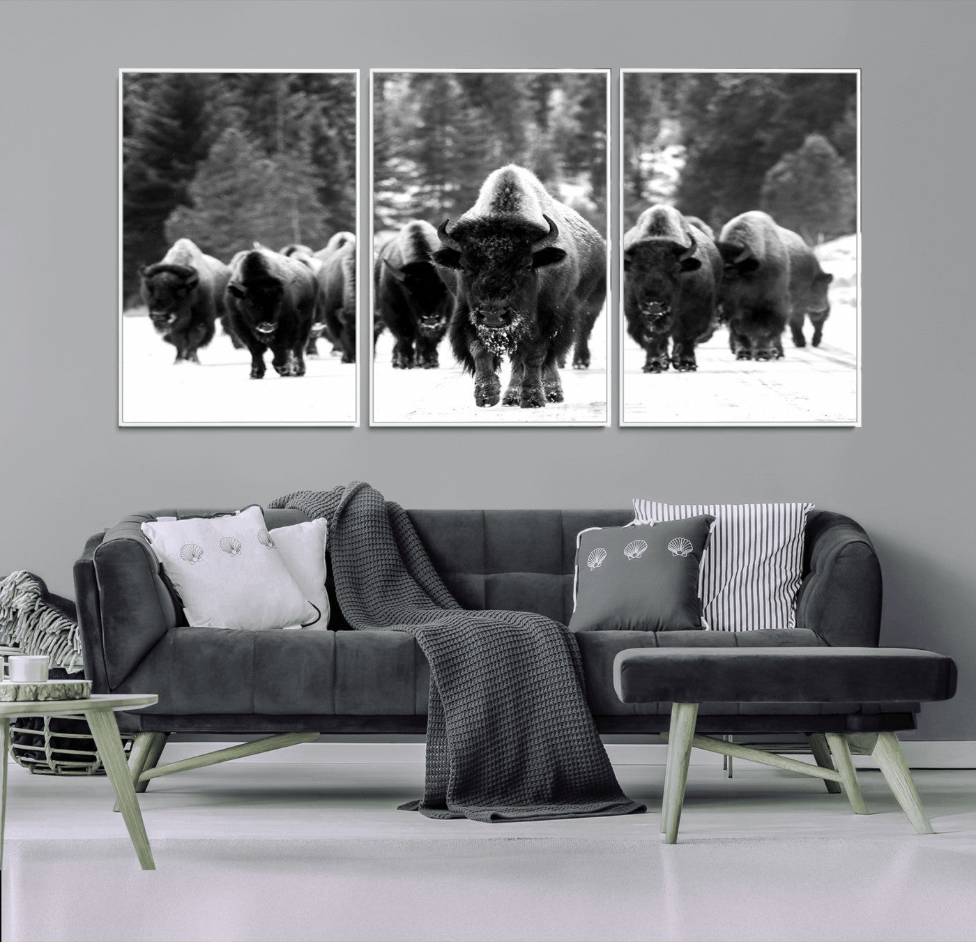 62434-MGV-CV-36X24-Bison Herd Wall Art – Majestic Black and White Buffalo Canvas Print, Wildlife Nature Photography Decor for Living Room, Office or