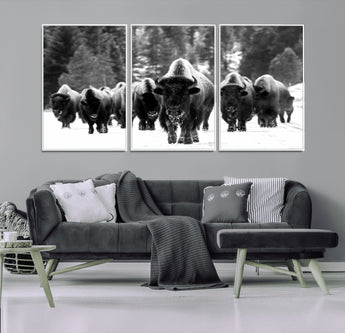 62434-MGV-CV-36X24-Bison Herd Wall Art – Majestic Black and White Buffalo Canvas Print, Wildlife Nature Photography Decor for Living Room, Office or