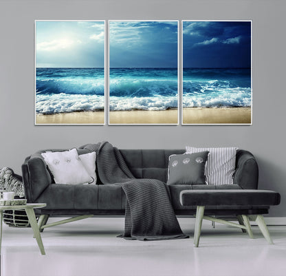84116-MGV-FC-60X30-3P_White-Ocean Wave Wall Art – Blue Sea and Beach Canvas Print, Coastal Seascape Photography Artwork for Living Room, Bedroom, or Office