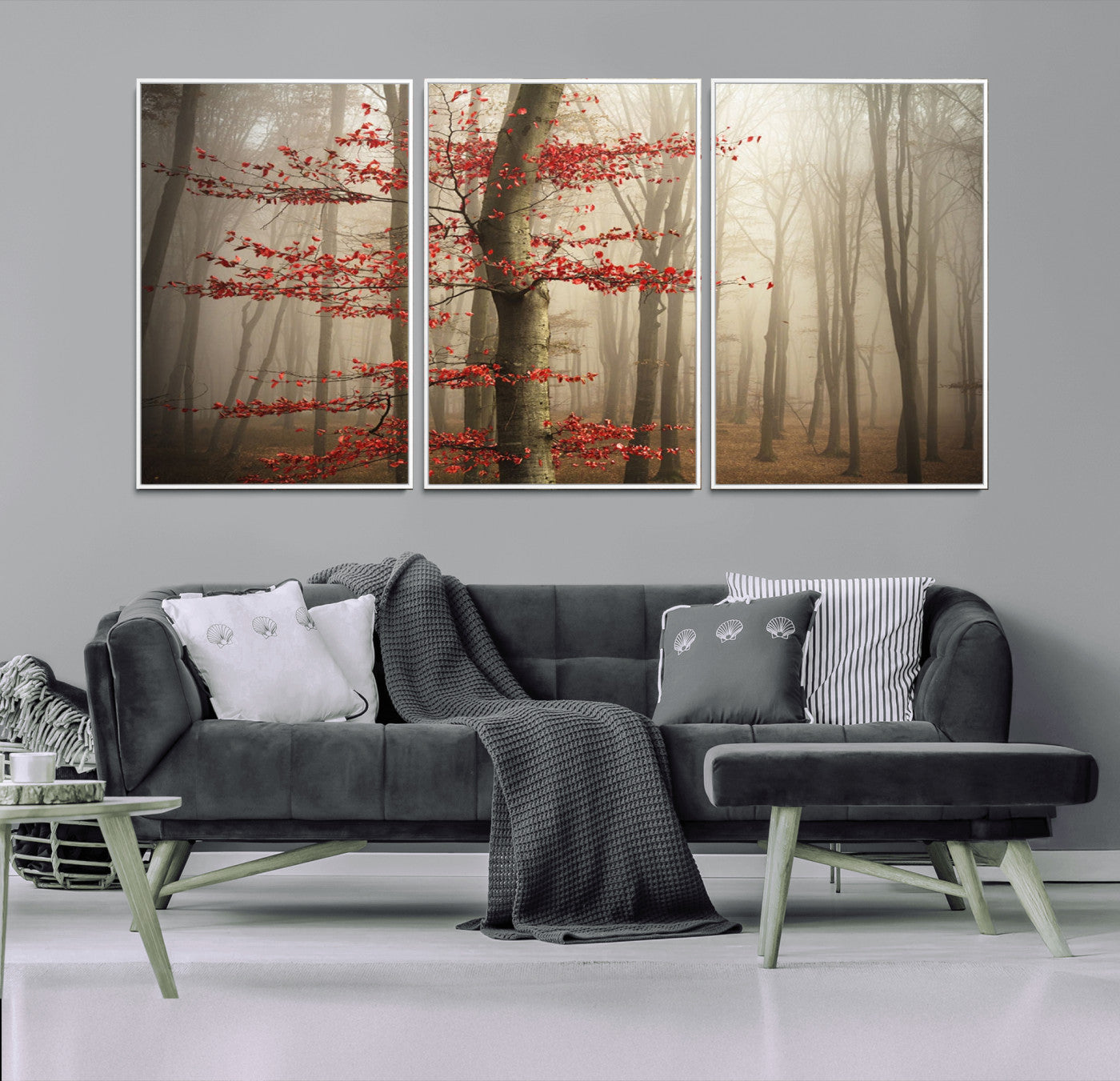 61855-MGV-FC-60X30-3P_White-Misty Forest Wall Art – Red Tree with Autumn Leaves Canvas Print, Moody Woodland Nature Decor for Living Room, Bedroom, or Office