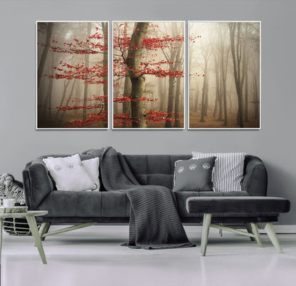 61855-MGV-FC-60X30-3P_White-Misty Forest Wall Art – Red Tree with Autumn Leaves Canvas Print, Moody Woodland Nature Decor for Living Room, Bedroom, or Office