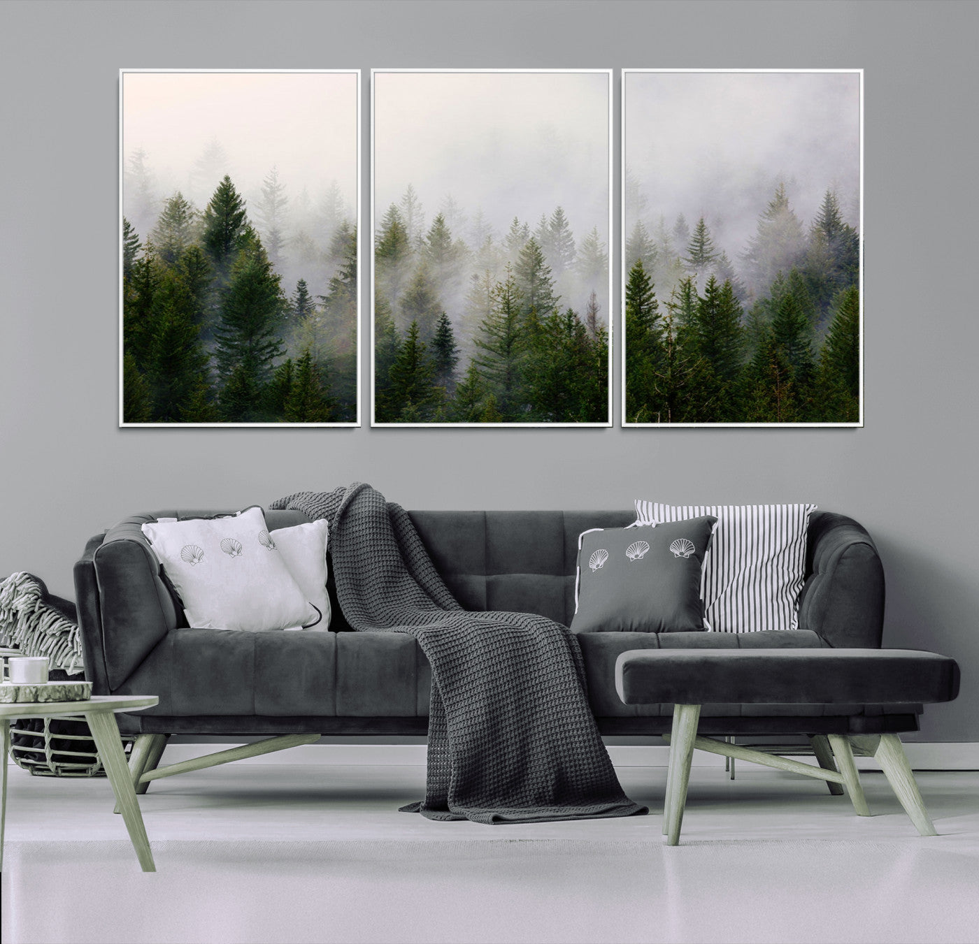 11436-MGV-FC-60X30-3P_White-Misty Forest Wall Art – Tranquil Evergreen Tree Canvas Print with Foggy Landscape, Nature Inspired Artwork for Bedroom, Living