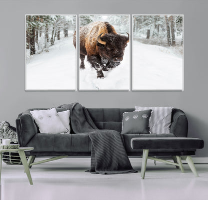 84699-MGV-CV-36X24-Bison in Winter Wall Art – Majestic Buffalo Canvas Print with Snowy Forest Landscape, Rustic Wildlife Artwork for Cabin, Living