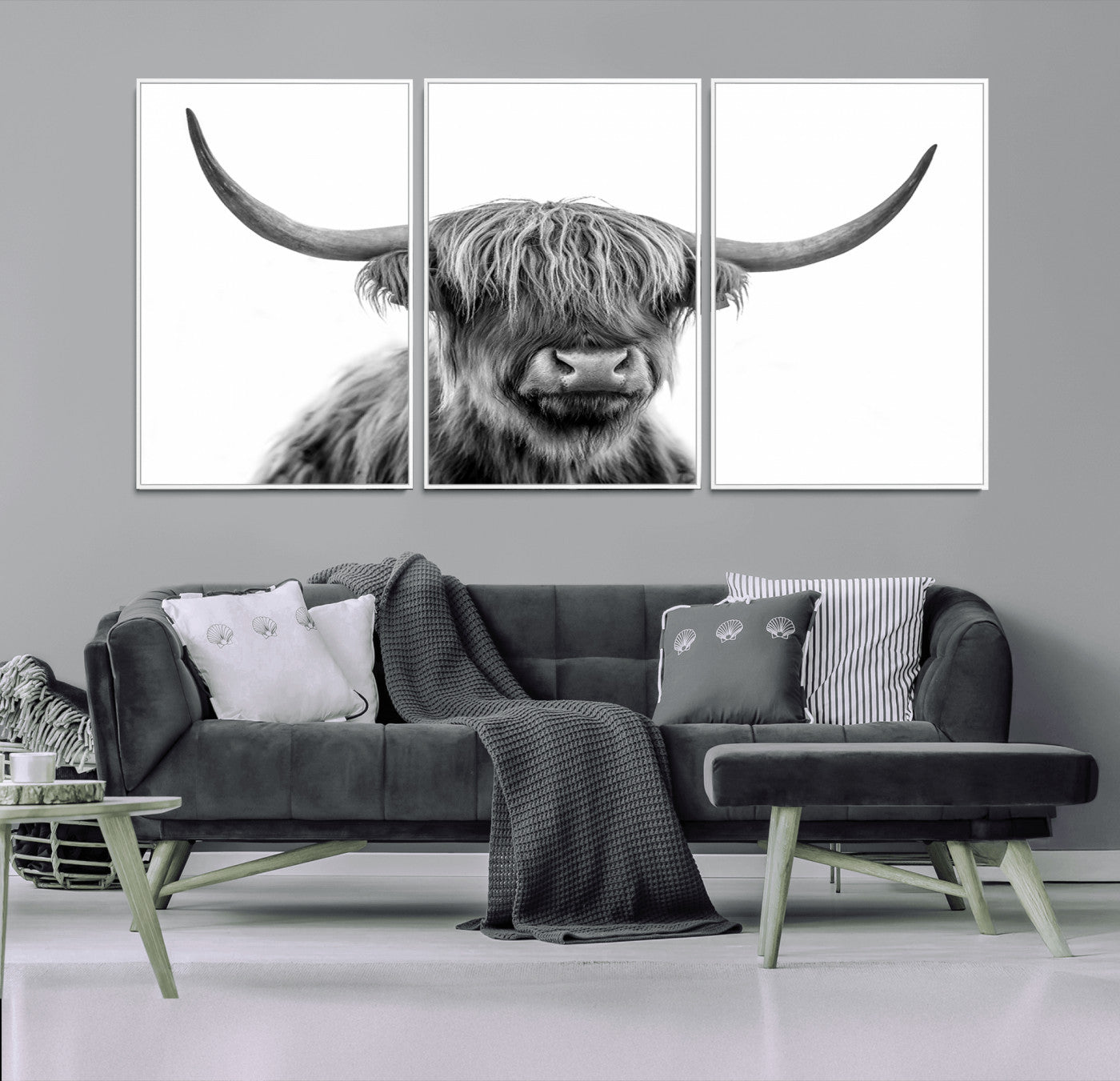 10123-MGV-FC-60X30-3P_White-Black and White Highland Cow Wall Art – Modern Farmhouse Animal Print, Rustic Scottish Bull Canvas Decor for Living Room, Bedroom,