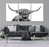 10123-MGV-FC-60X30-3P_White-Black and White Highland Cow Wall Art – Modern Farmhouse Animal Print, Rustic Scottish Bull Canvas Decor for Living Room, Bedroom,