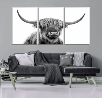 10123-MGV-FC-60X30-3P_White-Black and White Highland Cow Wall Art – Modern Farmhouse Animal Print, Rustic Scottish Bull Canvas Decor for Living Room, Bedroom,